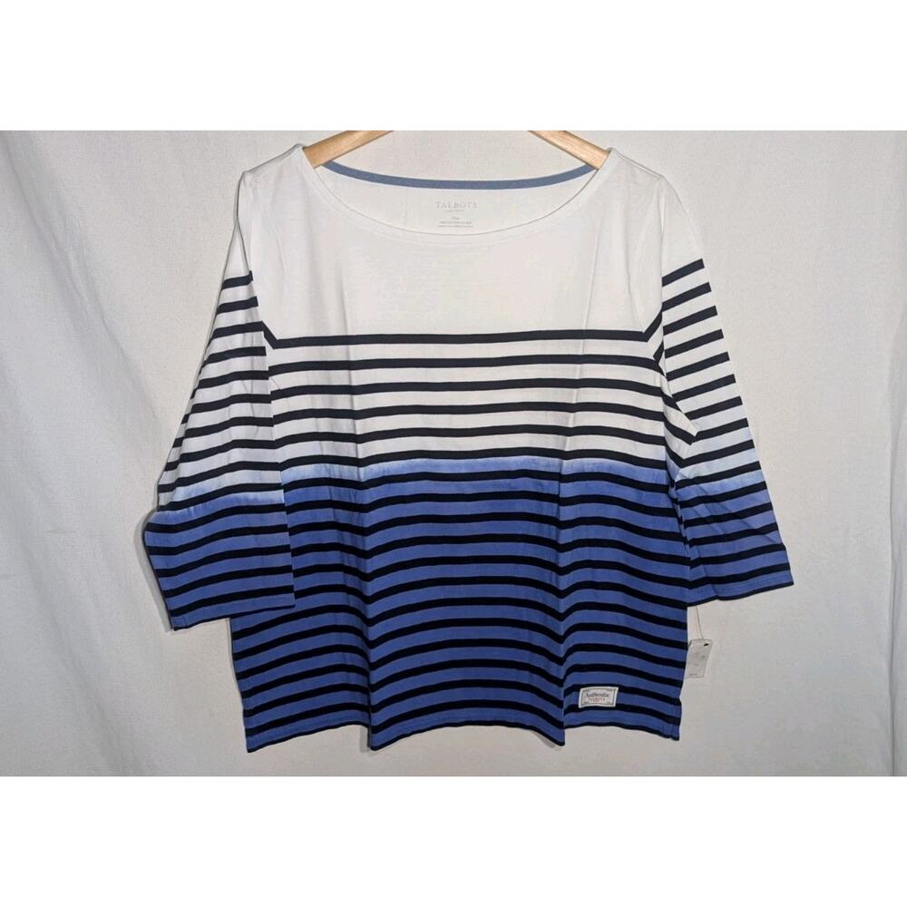 Talbots Womens Striped Ombre dip Tie Dye 3/4 Sleeves Shirt Sz 2XP Blue White